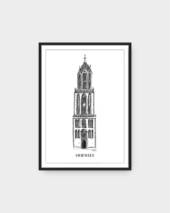 Poster Lijnen tekening Domtoren in Utrecht. Zwart wit