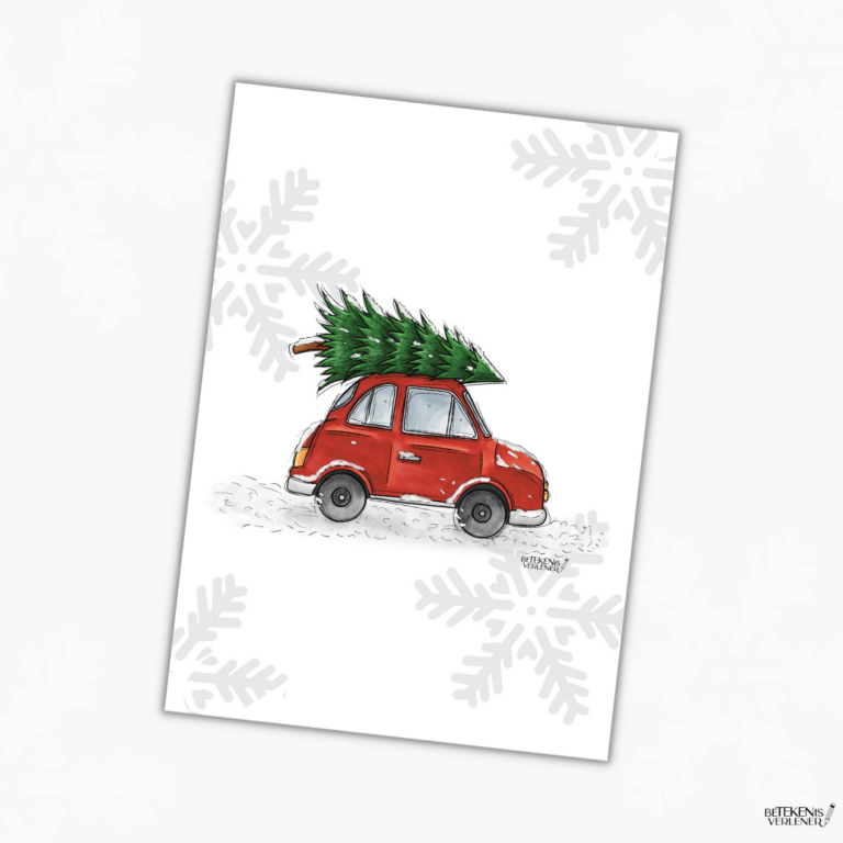 Kerstkaart auto met kerstboom op het dak