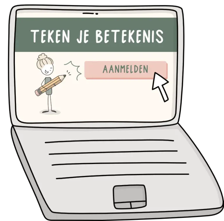 Laptopillustratie met Teken je Betekenis en aanmeldknop voor de training van Betekenis verlener
