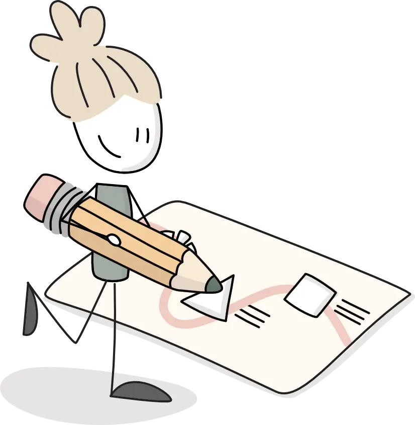 Illustratie van een Betekenis verlener die met een groot potlood op een groot papier tekent voor overzicht en duidelijkheid.