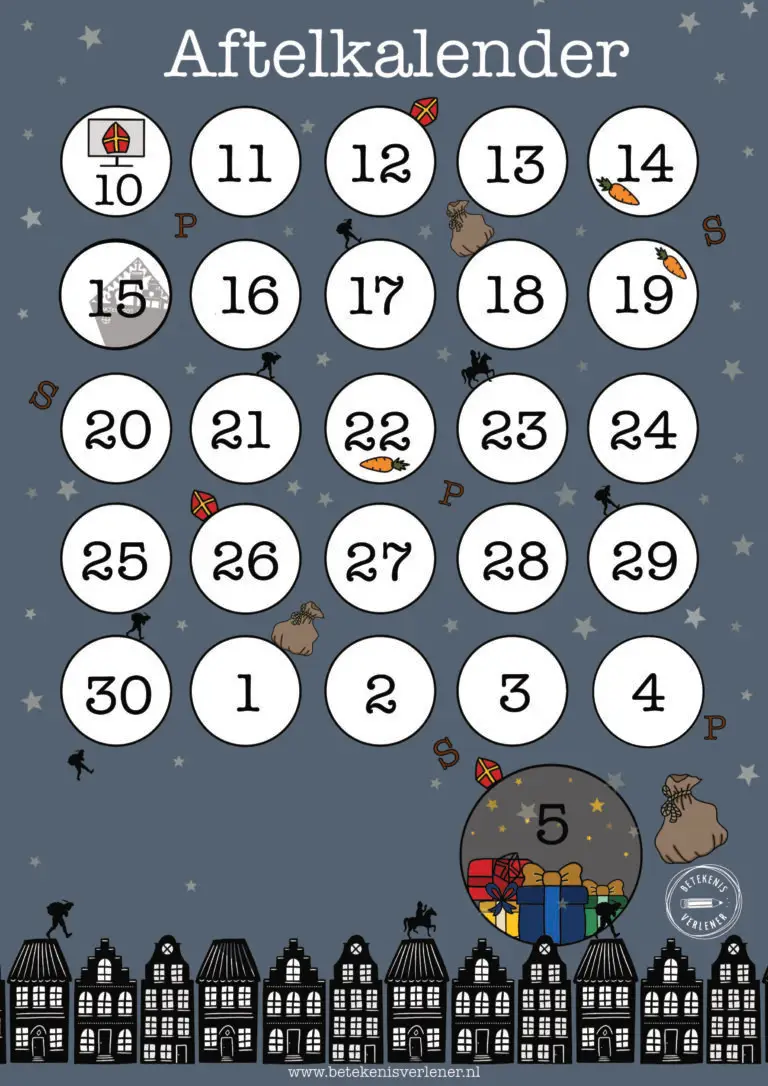 Aftelkalender voor Sinterklaas met vakjes om iedere dag een vakje in te kleuren, van het Sinterklaasjournaal tot pakjesavond.